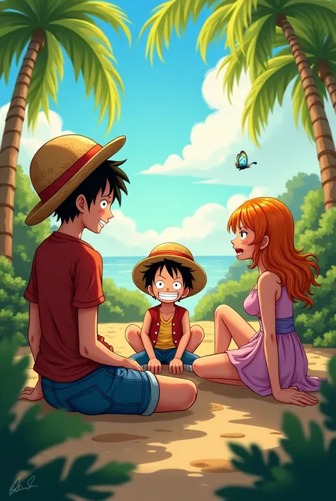 Luffy with nami and Robin sitting 