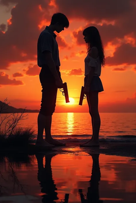 Shadow couple girl and boy shooting each others with guns dark aesthetic real sunset evening shore young 
 
