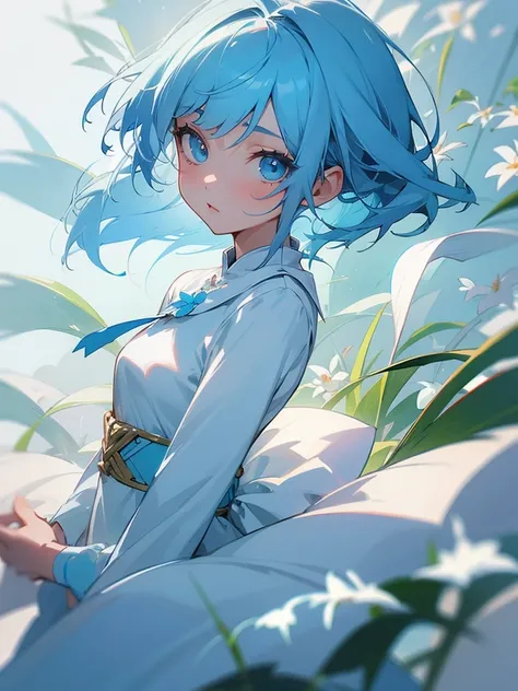 A girl,Light blue hair,Light blue eyes,Smell the flowers,Wearing fashionable clothes