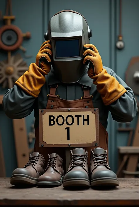 a sign that says "booth 1" who has a welding helmet on, some gloves holding it on the sides and below have some welding shoes
 