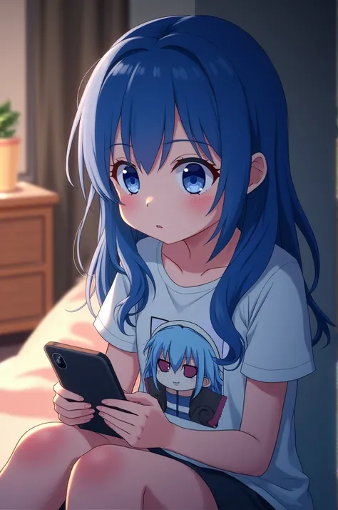 blue hair girl, watching demon slayer on his phone, she has a nezuko shirt 