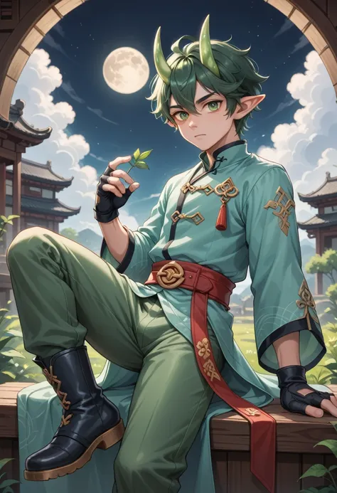  Young man, In his Moon Imbibitor form, he has dark green hair., light green horn, pointed ears, white and green shirt without a top, black fingerless glove with green belt and gold clasp, dark green pants, the light green-blue robe, large red belt with pr...