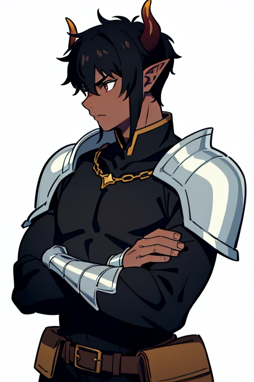 1boy,20 years,solo,serious,((dark skin)),black hair,elf ears,short hair,(horns),(((white background))),crossed arms,silver knight armor,profile