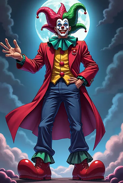 jojo stand with clown clothes and a face made of a joker card in the anime jojo style
