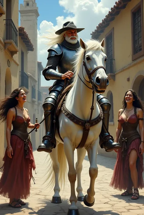 Don Quixote of La Mancha with medieval iron armor and helmet, old man with white hair and white horse, and crazy. With two women from the street, laughing at don quixote, dirty,(Prostitutes) in a village. in medieval clothing