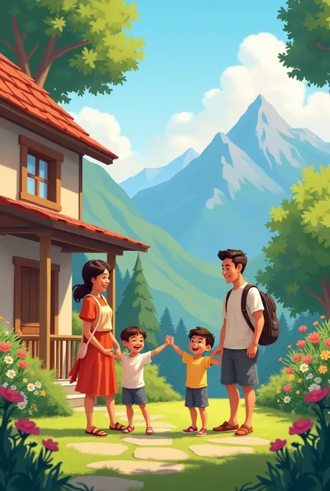 A happy  family , husband , wife , a baby girl and a baby boy playing and spending family time together in a beautiful small garden of their house having cute balcony, beautiful house in the mountains......