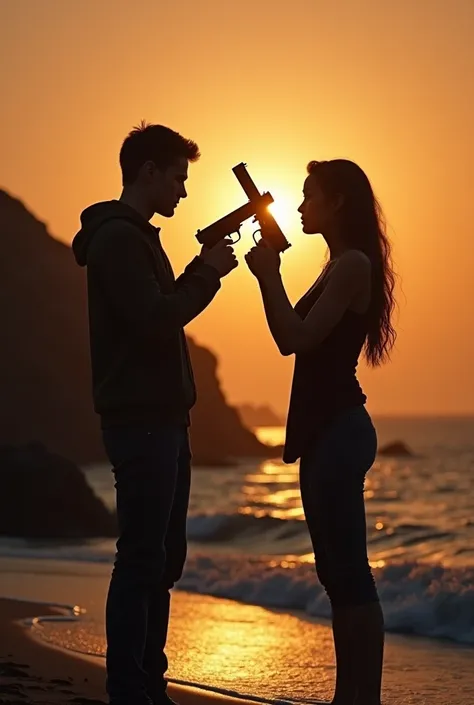 Shadow couple girl and boy shooting each others with guns cross hands dark aesthetic real sunset evening shore young 
 
