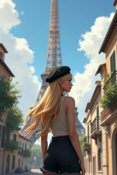 Blonde girl from Castalla with her back turned in front of the tower of France ,girl is 1.57 light tes with black beret and looks realistic
