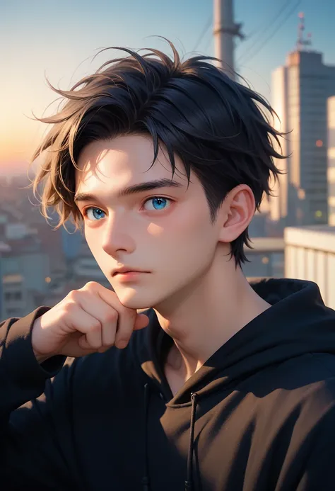 a young black-haired, blue-eyed young man wearing a black hoodie turned his back and half his face in the middle of the city at ...