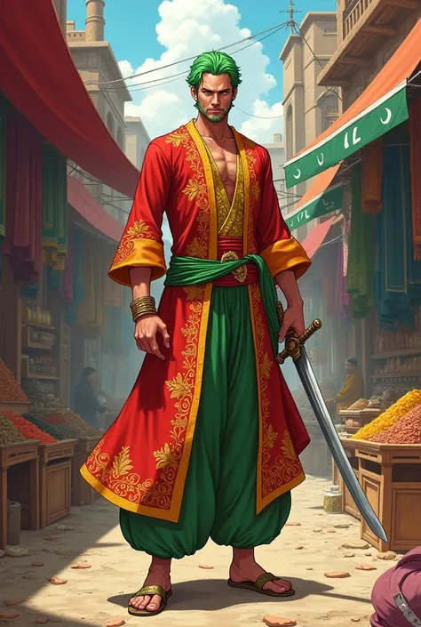 Zoro from one piece in pakistani culture attire

