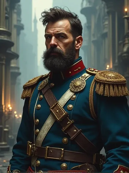 Rough Napoleonic Veteran. badly shaven beard. Dark Brown hair. messy haircut. blue eyes. Fancy but dirty Uniform. Cybernetics. Dieselpunk. Dark Sci-fi. Warhammer 40k. Gothic aesthetics. baroque Oil painting