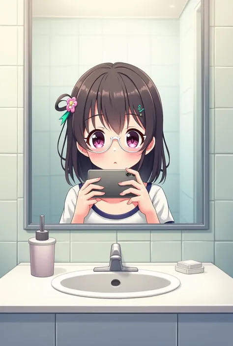 An anime girl wearing white glasses is taking a selfie in front of the bathroom mirror.