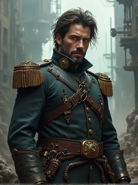 Rough Napoleonic Veteran. Dark Brown hair. messy haircut. blue eyes. Fancy but dirty Uniform. Cybernetics. Dieselpunk. Dark Sci-fi. Warhammer 40k. Gothic aesthetics. baroque Oil painting