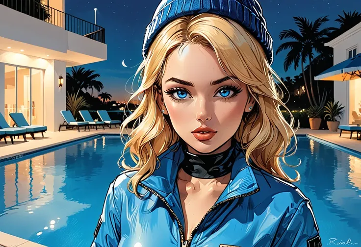 (profile angel),((profile)),((open mouth)), (fullbody), night,palm, close-up profile portrait ((girl in Blue zipped up down winter jacket and black turtleneck )) and (jeans) and blue gloves and (((blue winter hat)))) next to the pool at the white hotel wit...