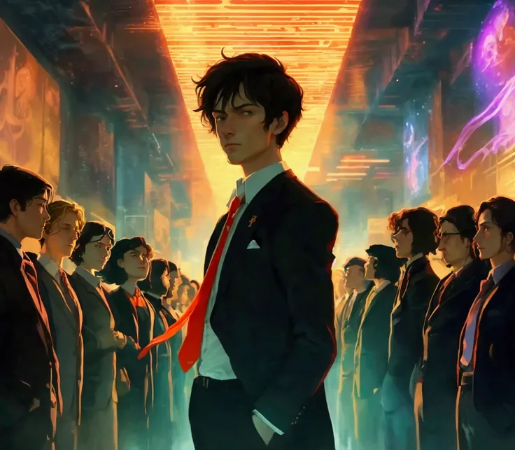 a man with a red tie standing in front of a group of people, estilo and mumford e alex gray, Lighting, in the style dan mumford artwork, in the artistic style of Dan Mumford, the encrypted metaverse, technocracy, they reach their minds, visionary, enlighte...