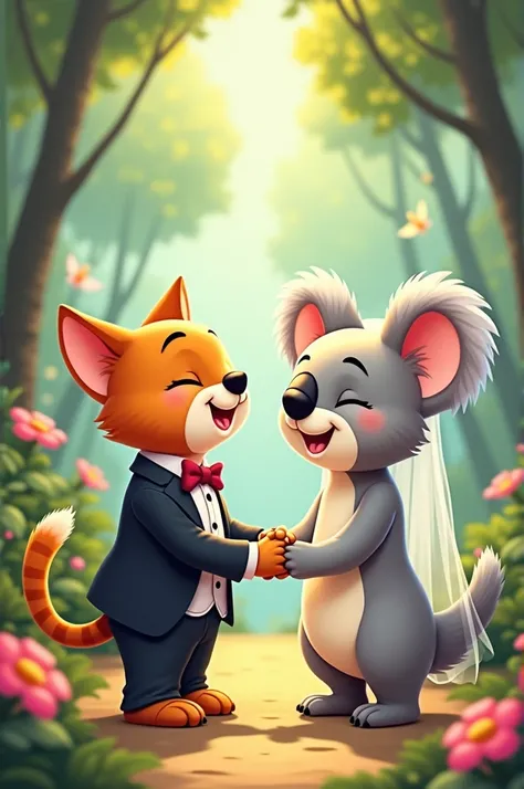 cat and koala getting married cartoon style