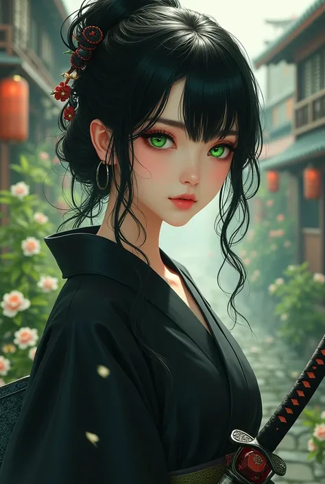 absurdres, highres, ultra detailed, HDR, master piece, best quality, black hair, expressive green eyes, solo, , cute, Jujutsu Kaisen, black kimono, extremely detailed face and eyes, village, green leaves, flowers, katana