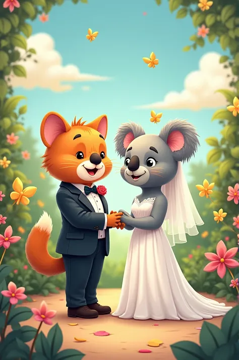 cat and koala getting married amicably in cartoon style