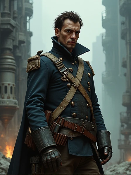 Rough Napoleonic Veteran. Dark Brown hair. messy haircut. blue eyes. Fancy but dirty Uniform. Cybernetics. Dieselpunk. Dark Sci-fi. Warhammer 40k. Gothic aesthetics. baroque Oil painting