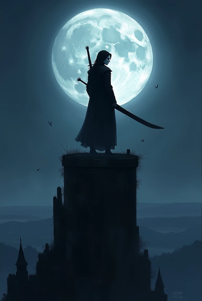 A dark haired man with moon-white skin on top of a tower watching the moonlight with his sword over his shoulder 