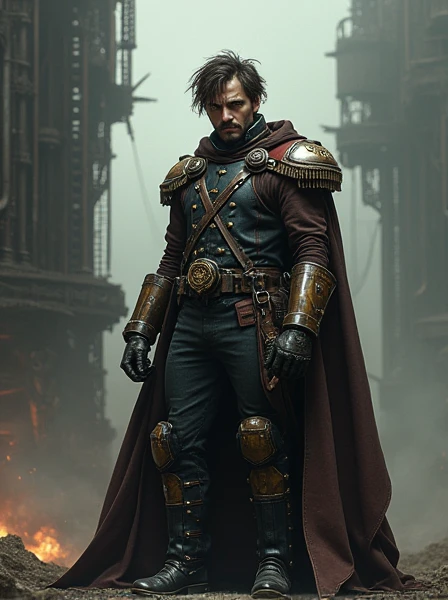 Rough Napoleonic Veteran. Dark Brown hair. messy haircut. blue eyes. Fancy but dirty Uniform. Cybernetics. Dieselpunk. Dark Sci-fi. Warhammer 40k. Gothic aesthetics. baroque Oil painting