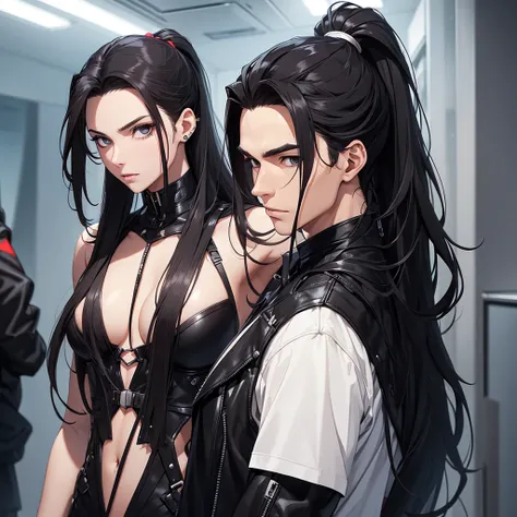 Make a man long wavy black hair with ponytail alone. In addition, your clothes must be black and made of leather.. he should be in a futuristic setting.