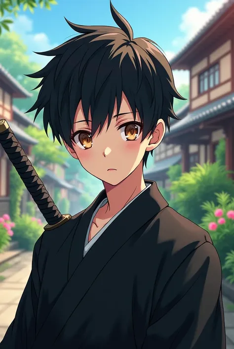 absurdres, highres, ultra detailed, HDR, master piece, best quality, black hair, expressive light brown eyes, solo, , cute, Jujutsu Kaisen, black kimono, extremely detailed face and eyes, village, green leaves, flowers, katana, anime boy