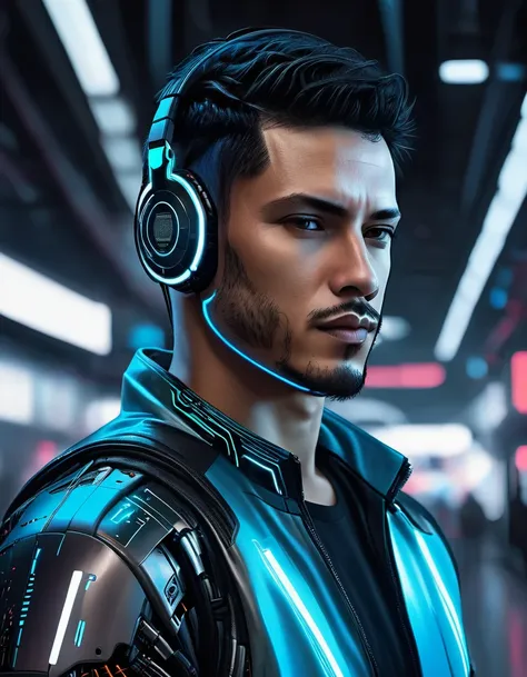 Create an image of a friendly and modern male android robot with a human-like face. The robot should have a metallic structure in light gray with vibrant blue accents, featuring a futuristic design and smooth lines. The face should be human-like with a mas...