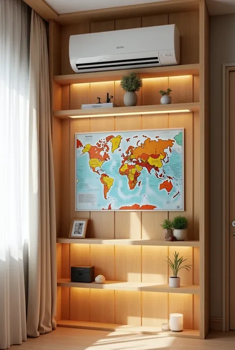  Create a small wall next to a window with white curtains. The wall is covered with MDF blond freijó, on top an air conditioner, in the middle a world map and below the world map 3 shelves with lighting. 