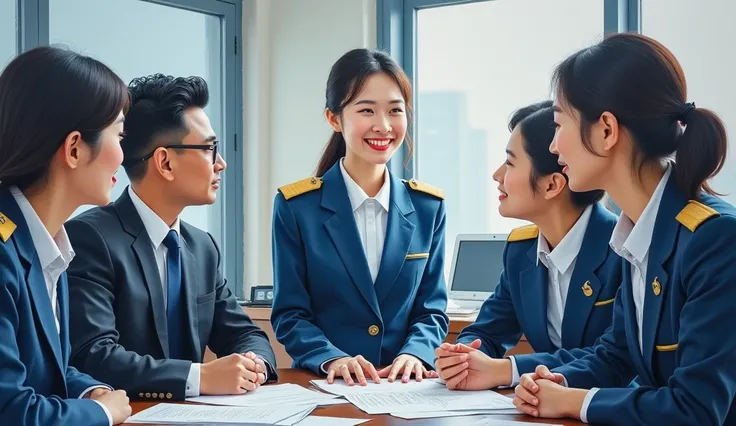 A stunning oil painting of a scene beautifully portraying, In a bustling government office, a young beautiful Korean woman, newly appointed as a government officer, in her crisp official uniform. Surrounded by her colleagues, she engages in discussion, her...