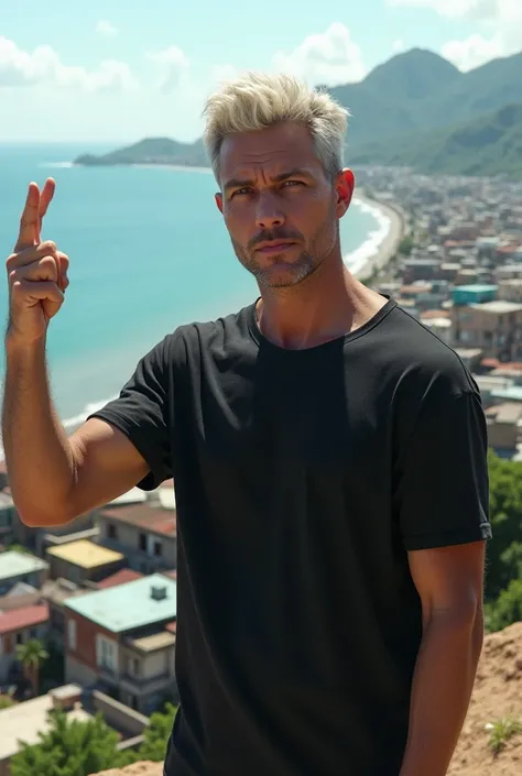 LnF , white guy on top of a favela in a black shirt , with a JV ,shoreline ,with the left arm making the two-finger cinbolus , with short hair 