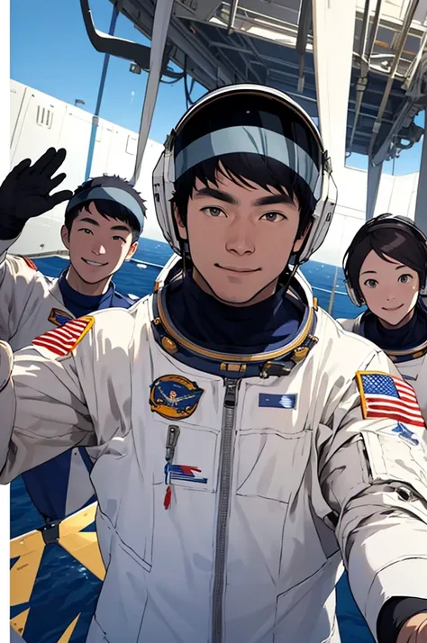 The three astronauts aboard an aircraft carrier, waving at the camera.high resolution, 