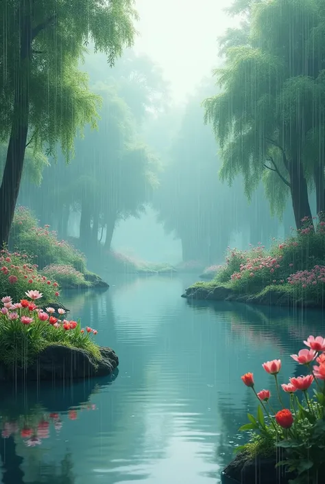 Landscape with water,that transmits peace and tranquility. with flowers, a rainy day 