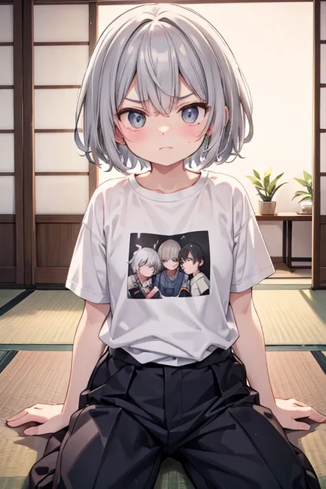 In the summer daytime, in a Japanese-style room,detailed background,beautiful background,BREAK he is sitting on tatami,
BREAK
A old male,Short Hair,Gray Hair,grandfather,T shirts,black pants,Tsundere,
BREAK he folds his arms, with wrinkles between his brow...