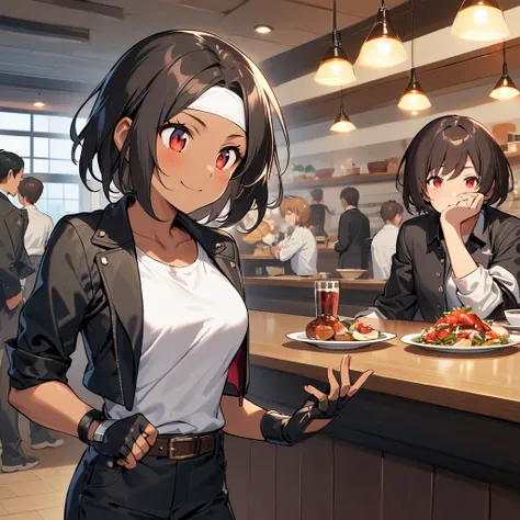 single,female,short,dark hair,dark skin,red eyes, ((rolled up black jacket)),fingerless gloves,white T-shirt, ((white headband)),black pants,white shoes,brown belt,cute,indoor-oriented,charming,top quality,neat face,neat eyes,confident smile,eating Neapoli...