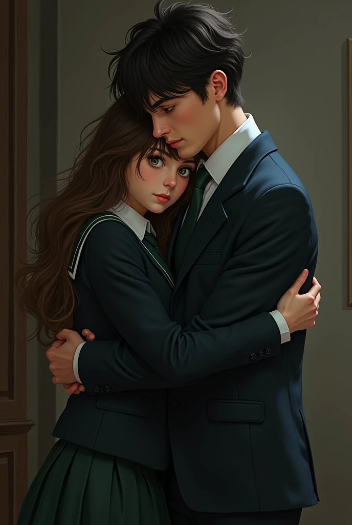 - a man and a girl, the girl hug him from behind with wrapping her arms around his neck while the man looks like he wants to escape from her 
- both of them are wearing boarding school uniform
- the girl is brown hair and brown eyes while the man is black ...