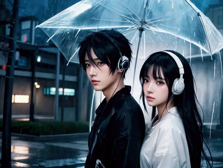 anime couple in the rain with headphones on, anime style 4 k, nightcore, artwork in the style of guweiz, with headphones, anime art wallpaper 4k, anime art wallpaper 4 k, lofi artstyle, loish and ross tran, 4k anime wallpaper, headphones, emotional concept...