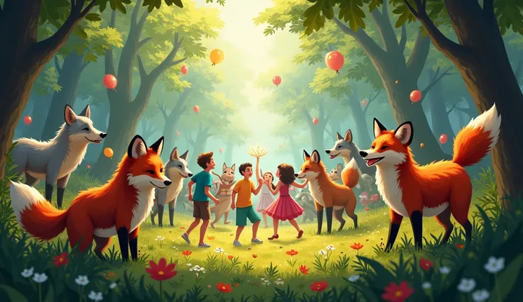 FOXES AND WOLVES IN THE FOREST HAPPY WILD PEOPLE JUMPING IN PARTY PACK
