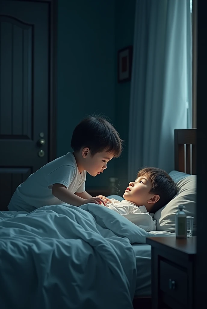 A child with a person in bed sweating