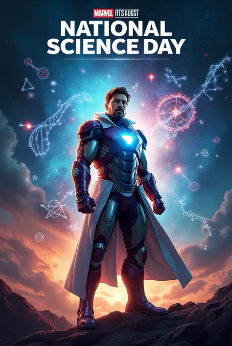 "A movie-style poster inspired by the Marvel theme, celebrating National Science Day. The background is dramatic with a dark, cosmic scene featuring swirling galaxies and vibrant nebulae. At the center, a heroic figure resembling a scientist is depicted in...