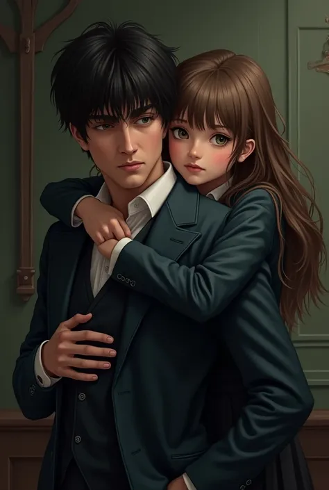 - a man and a girl, the girl hug him from behind with wrapping her arms around his neck while the man looks like he wants to escape from her 
- both of them are wearing boarding school uniform
- the girl is brown hair and brown eyes while the man is black ...