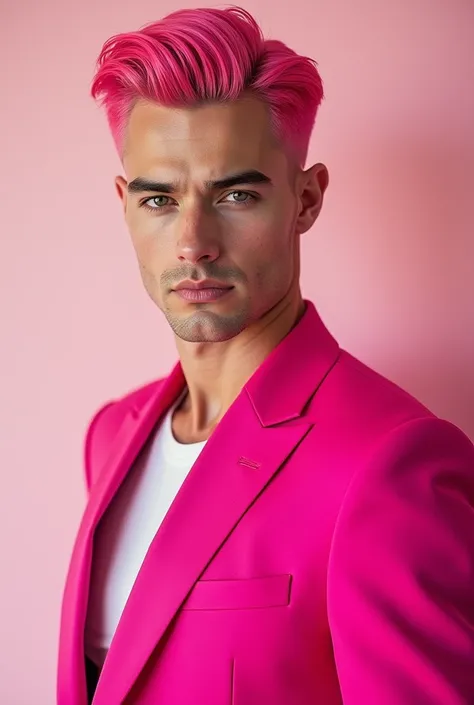 Pink hair white man with pink suit straight hair handsome face perfect full body 