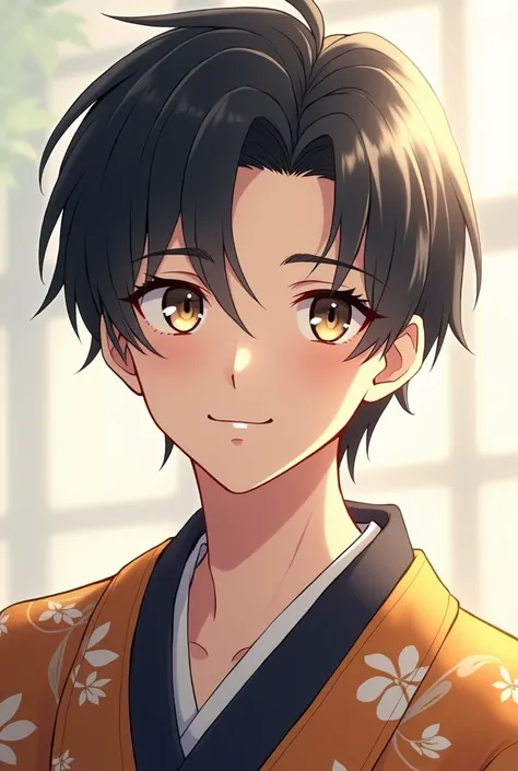 Japanese anime, black hair, traditional clothes, light eyes, boy, man, anime, good looking, soft smile