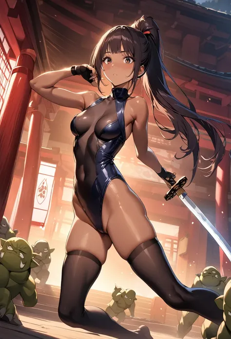 ((masterpiece,best quality anime,Highest quality:1.3)),realistic,cowboy shot,(25 year old beauty),Female ninja,1woman,独奏,((very small head:1.4)),((very long body:1.3)),black hair,bangs,(long ponytail hair),gorgeous big eyes,black eyes,((tan skin:1.5)),(bla...