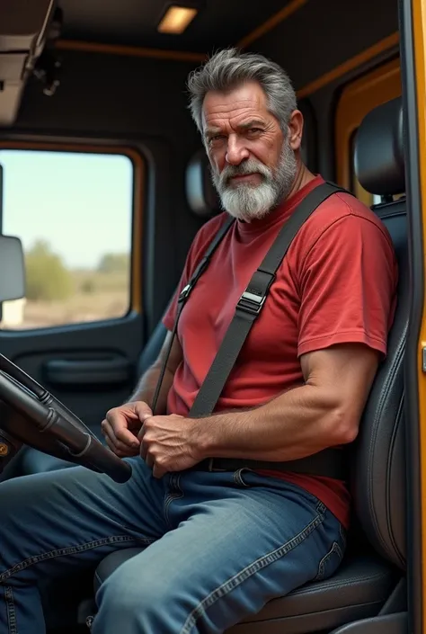 Create a realistic image of a truck driver putting on seatbelts, he has to be wearing a red t-shirt and jeans 

