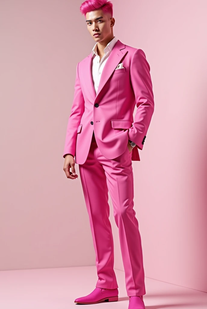 Pink hair white man with pink suit straight hair handsome face full body perfect young 