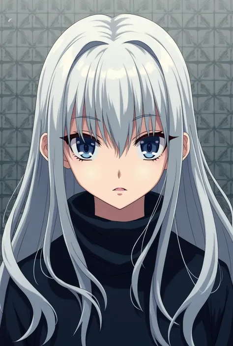 A woman with long white hair, bangs, dark blue eyes, and a grayish-gray pattern in the style of Meitantei Conan.