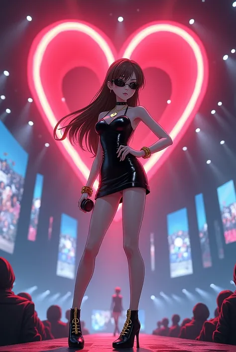 bee girl big brown hair, wearing a short sleeveless shiny black dress with Prada sunglasses with black high heels with gold rings and a necklace with a moon pendant She is watching the show on a huge stage with big screens, a large neon red heart structure...