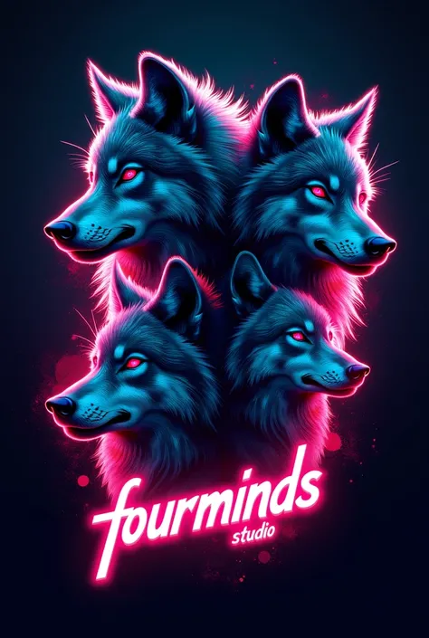 Four Wolves in a logo that says FourMindsStudio with different personalities, more aggressive now, more urban now in neon


