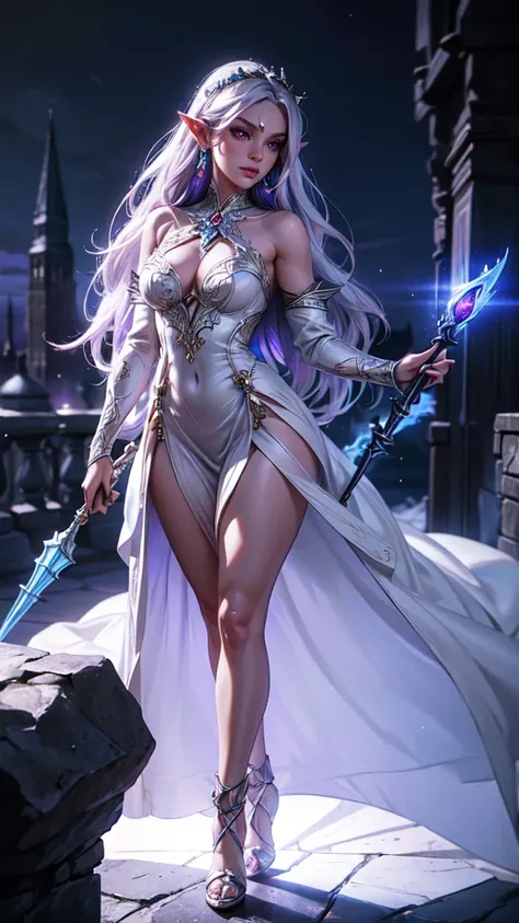 1girl, sexy drow, purple-blue skin, pale silver long elaborate braids, ((red eyes)), jewels, elf ears, earrings, ((white sorceress sexy dress)), ((wields staff)), ((cast light magic)), on a roof of scyscraper, athletic, volumetric lighting, best quality, m...